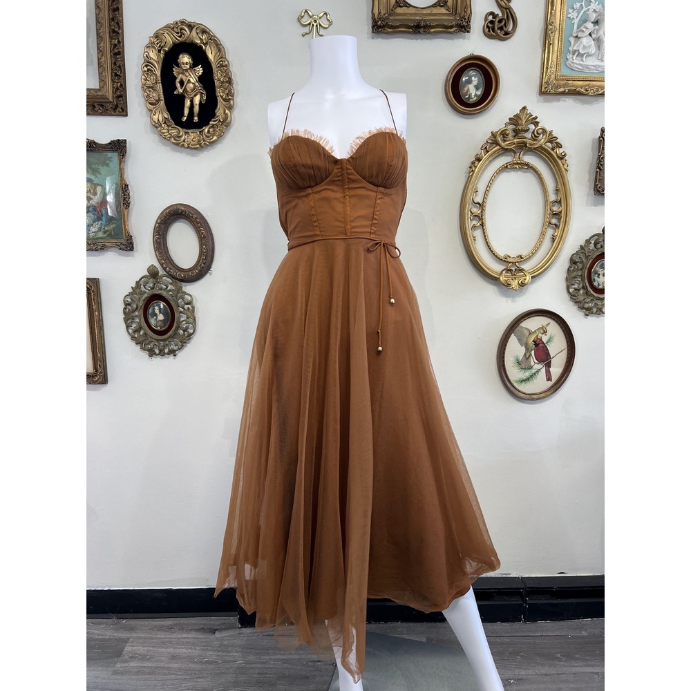 One and Only Collective Caramel Brown Tulle Corset Midi Dress AU 8 US S
